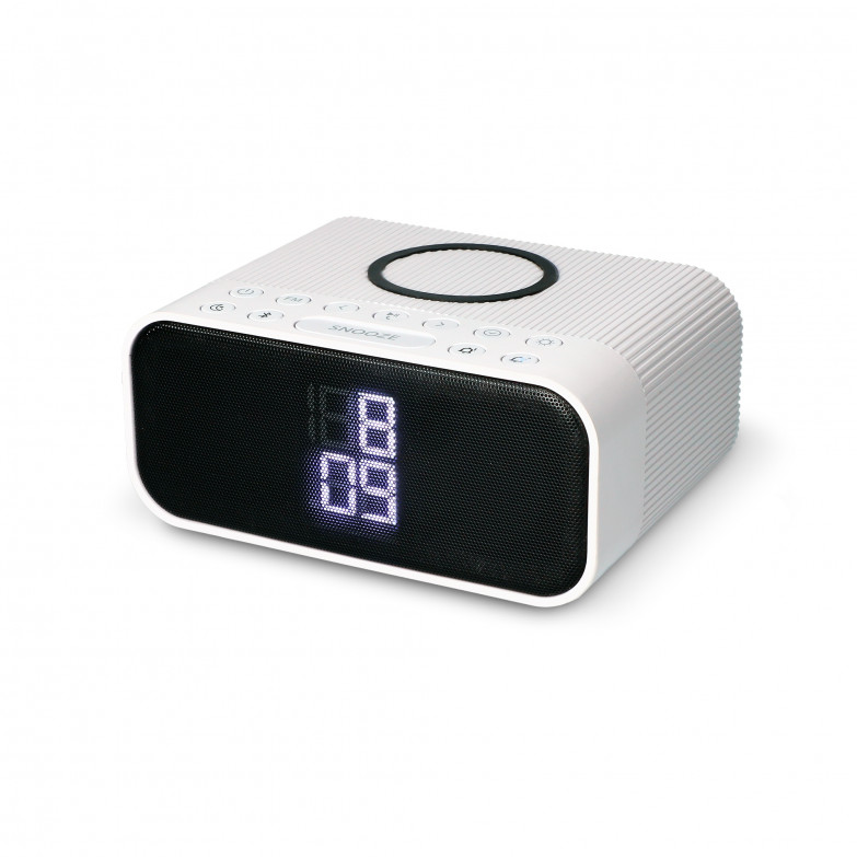 Ksix Alarm Clock and Wireless Charger 10W, Qi Tech, Wireless Speaker, FM Radio, 2 Alarms, 3 Light intensities, White