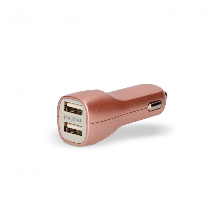 Cargador de coche Contact, 10W, 2 salidas, USB + cable USB A - Micro USB,  Rosa metalizado